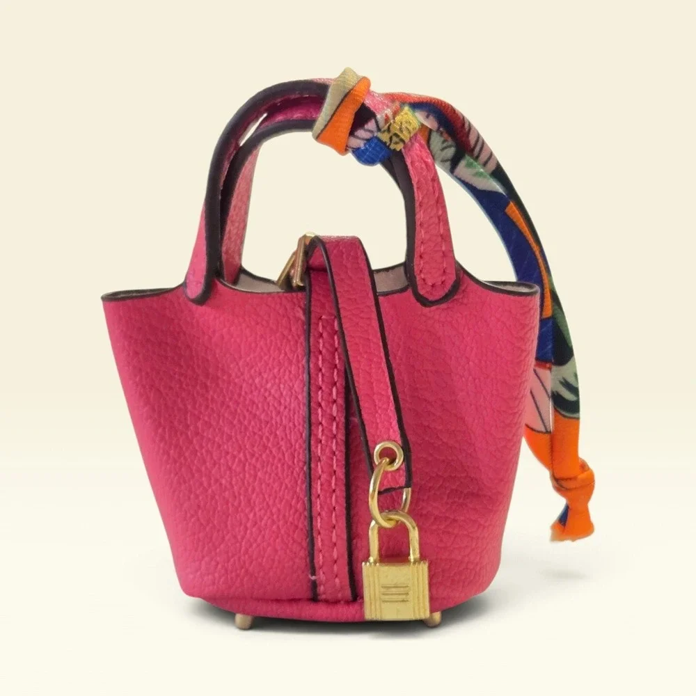 Pink Vegan Leather Mini Bucket Bag Charm With Lock And Scarf Detail